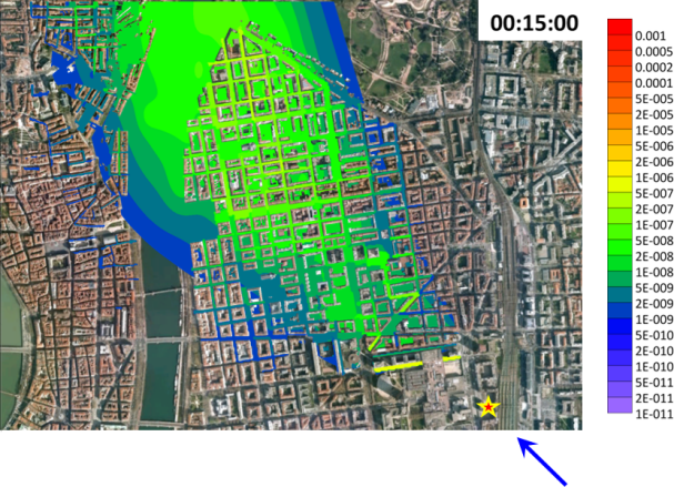 Logiciel SIRANERISK : Evolution du panache de polluant lors d'un accident de Transport de Matières Dangereuses sur l'agglomération de Lyon